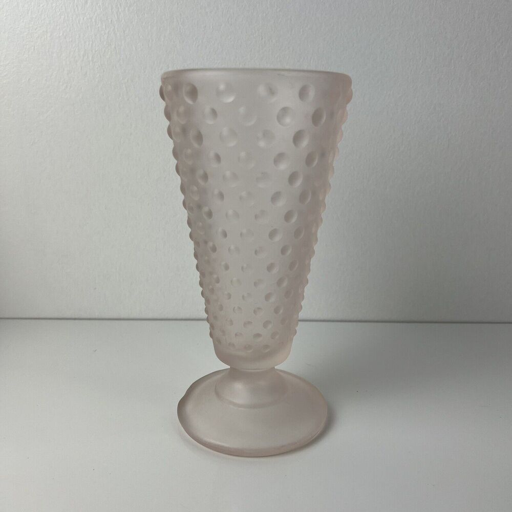 Vintage Pink Frosted Vase Art Glass Hobnail Bubbles 8 Inches Tall